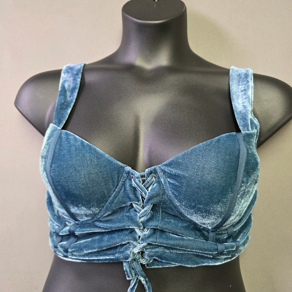 Haute Monde Blue Velvet Lace Up Bustier Crop Top Corset HMST0565 Mens L